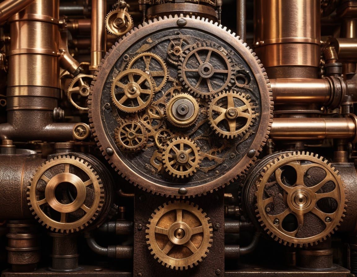 Steampunk Figures Interact with Steaming Engines