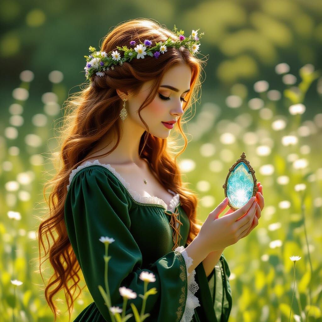 Woman in Meadow, Pre-Raphaelite Style