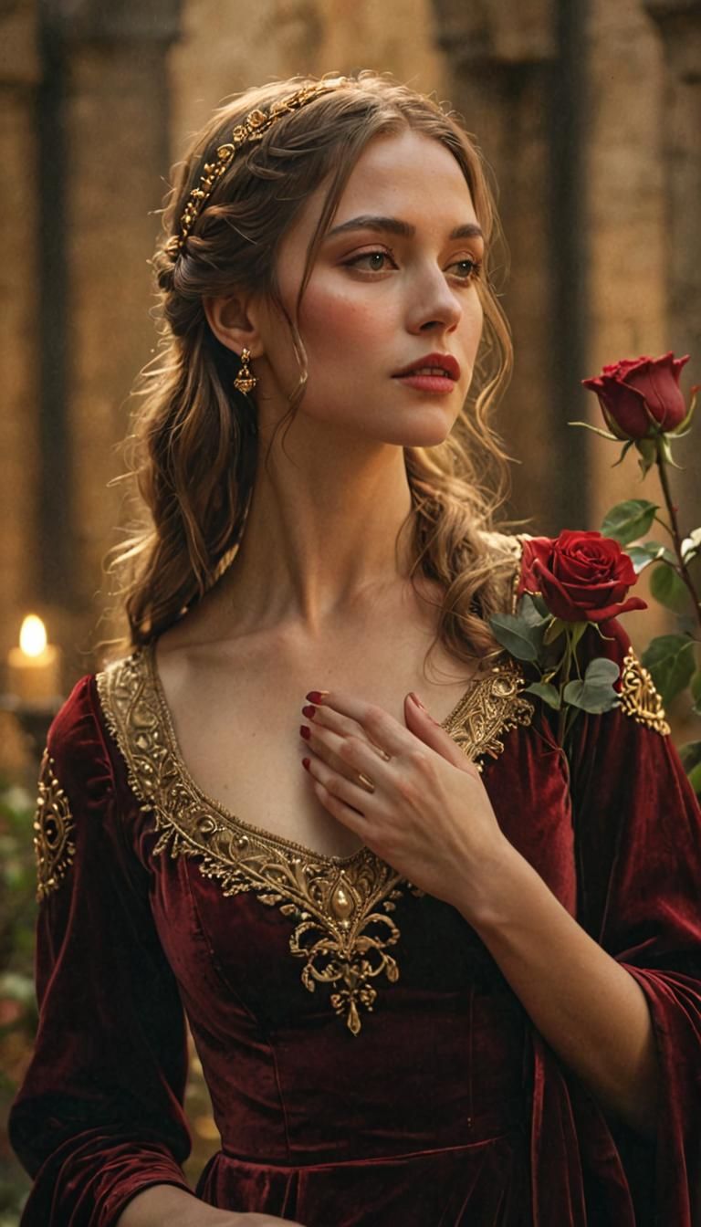 Medieval Maiden with Rose in Oil Painting Style