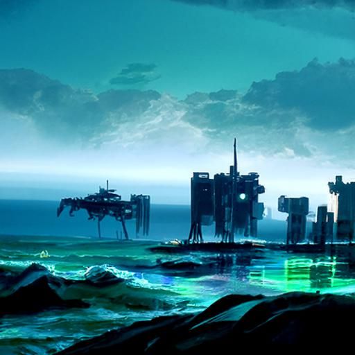 Cyberpunk Ocean Cityscape: Futuristic Marine World