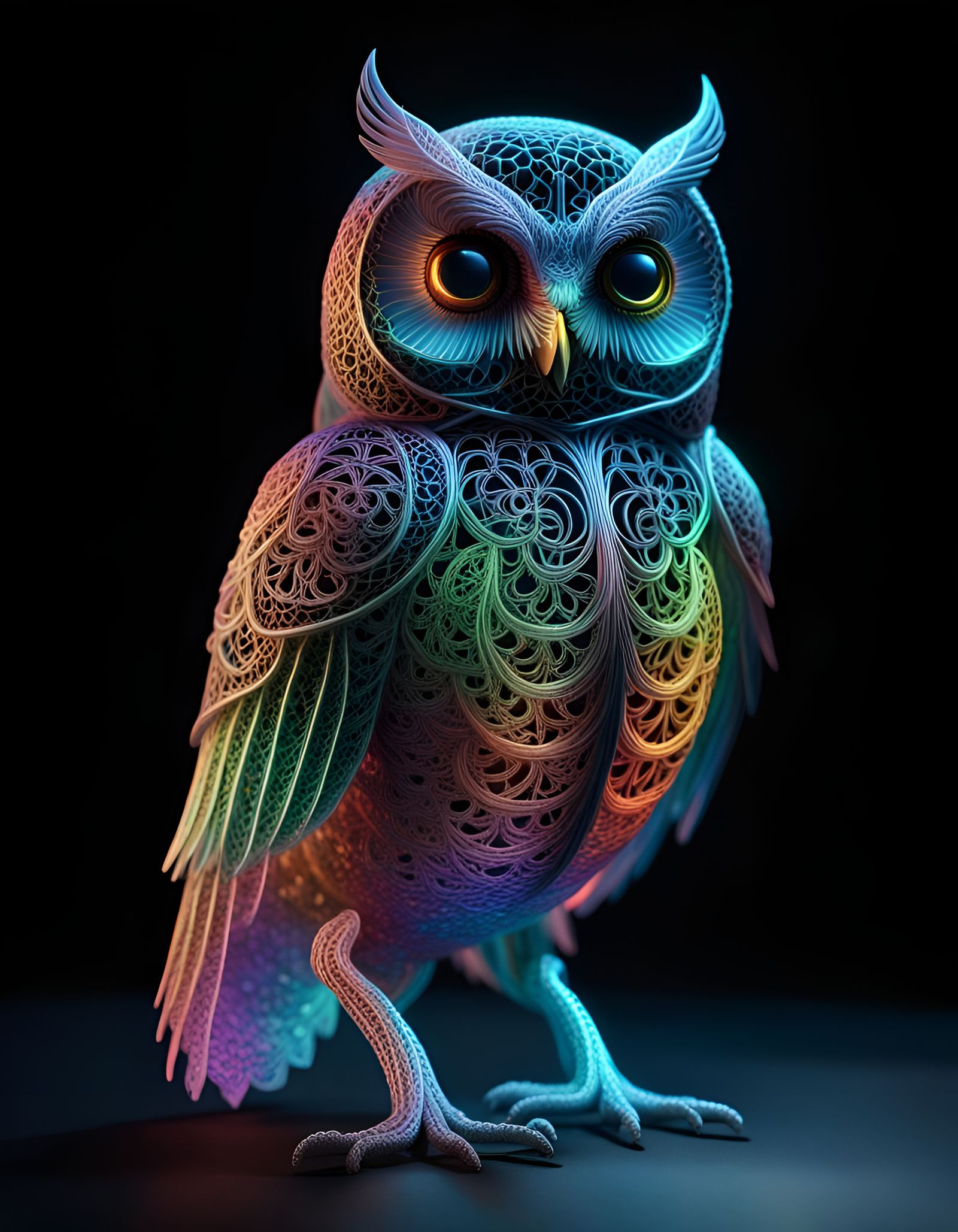 Bioluminescent Rainbow Lace Owl in 3D Filigree