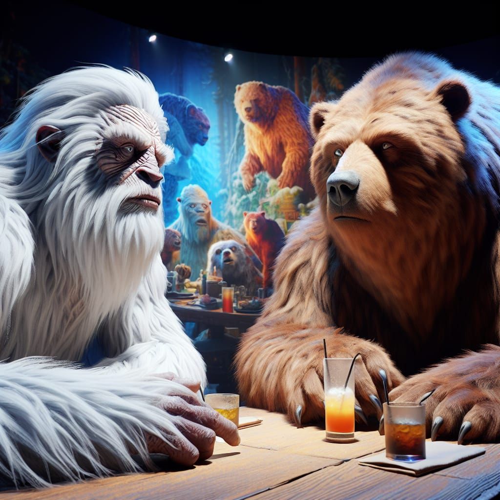 Hyperrealistic Yeti and Bear at Restaurant