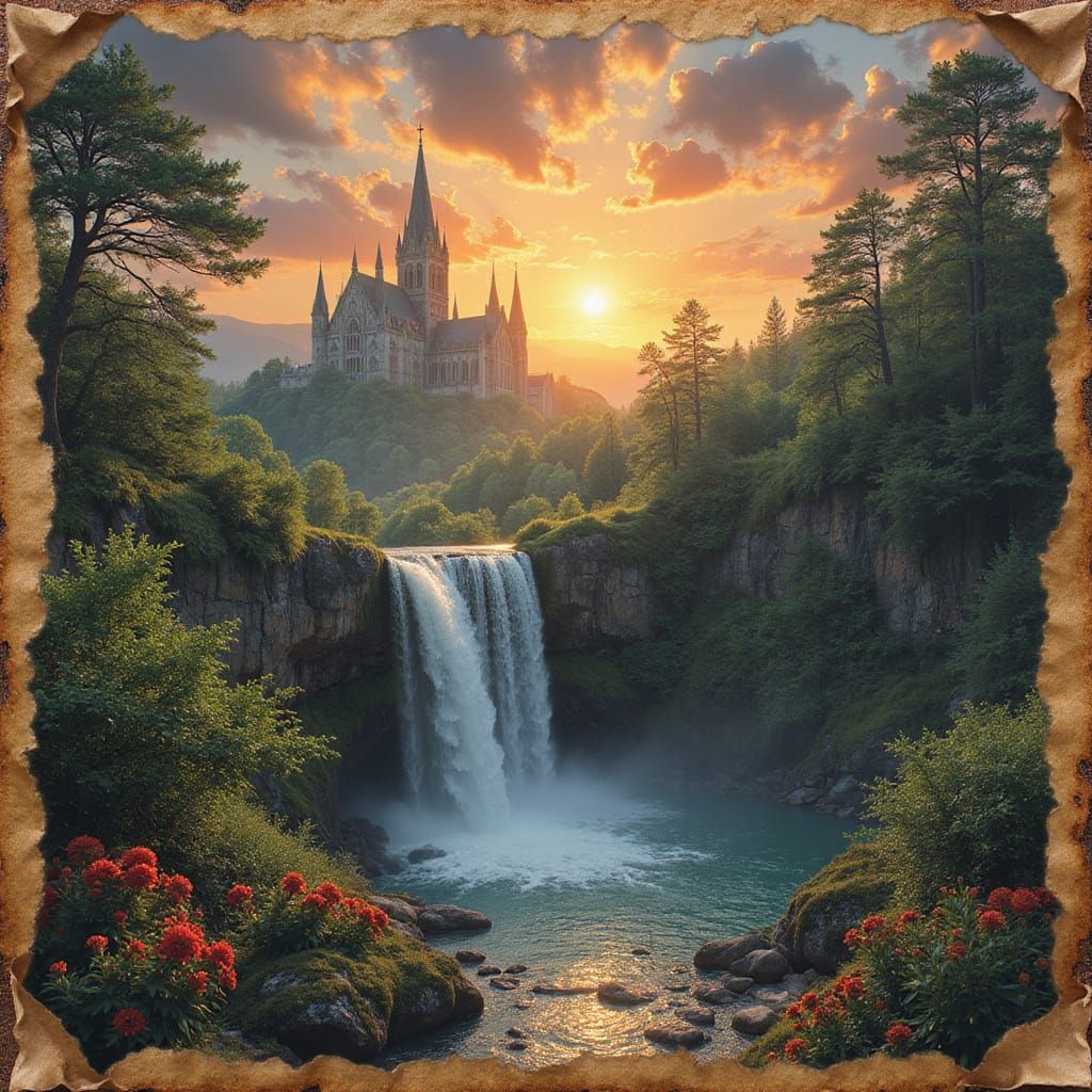 Cathedral Sunset Waterfall on Ancient Parchment