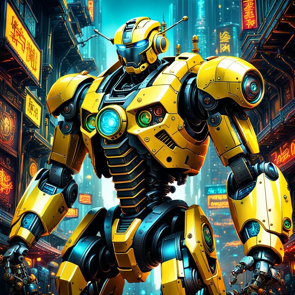 Steampunk Mecha Robot in Dubai: Neon Digital Art