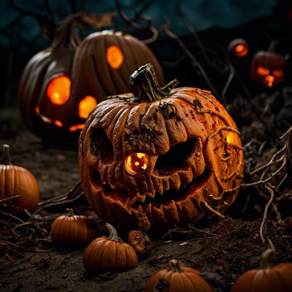 Sinister Jack-O-Lantern in a Creepy Pumpkin Patch