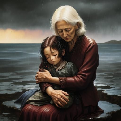 Elderly Woman in Chocolate Rainstorm: A Surreal Oil Painting