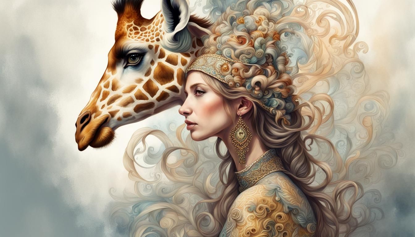 Fantasy Giraffe Woman Portrait in Watercolor Style