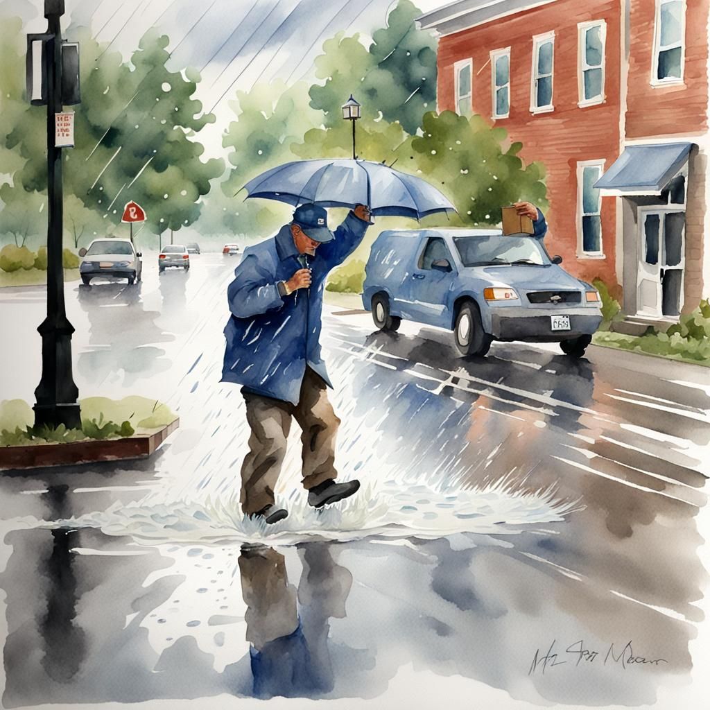 Mail Carrier Soaked in Watercolor Painting