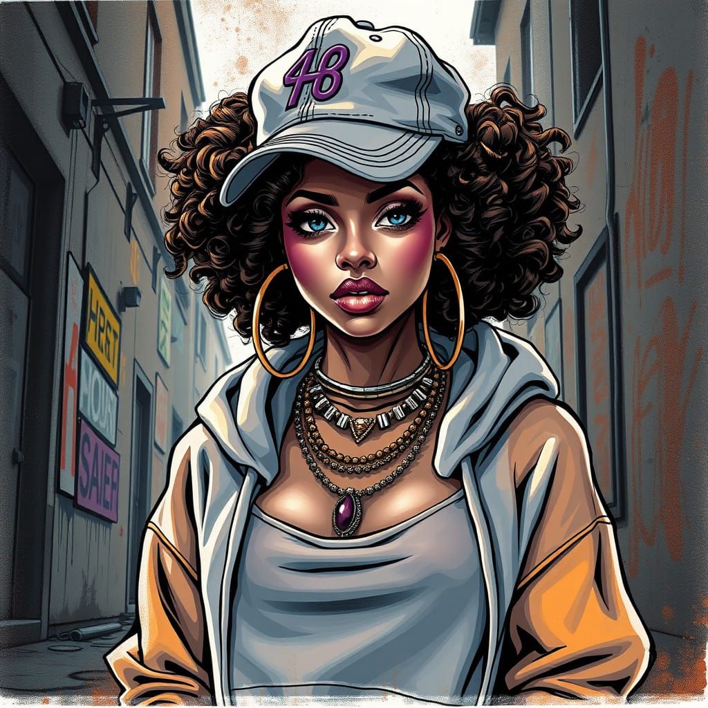 a beautiful curly-haired woman, wearing an oversized hoodie-...