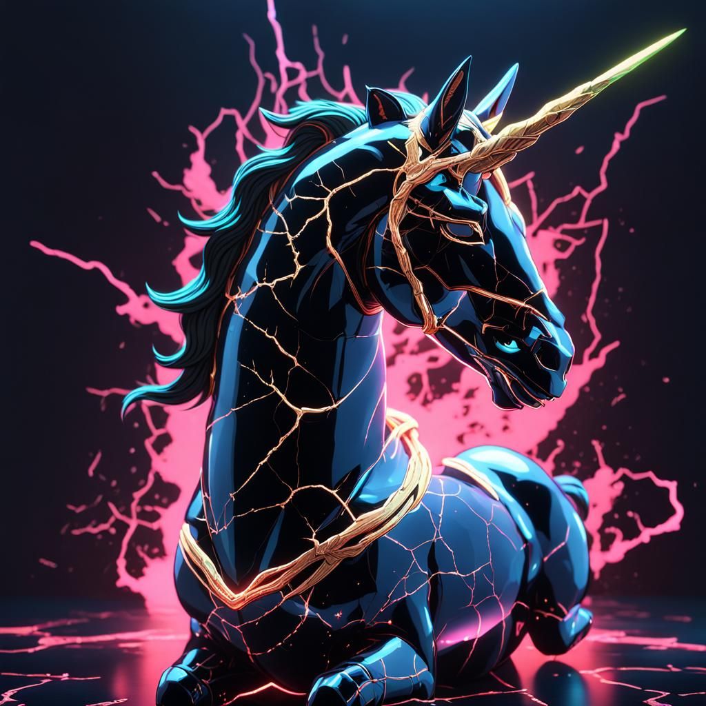 Glowing Neon Horror Black unicorn cracked porcelain kintsugi beautiful cracked