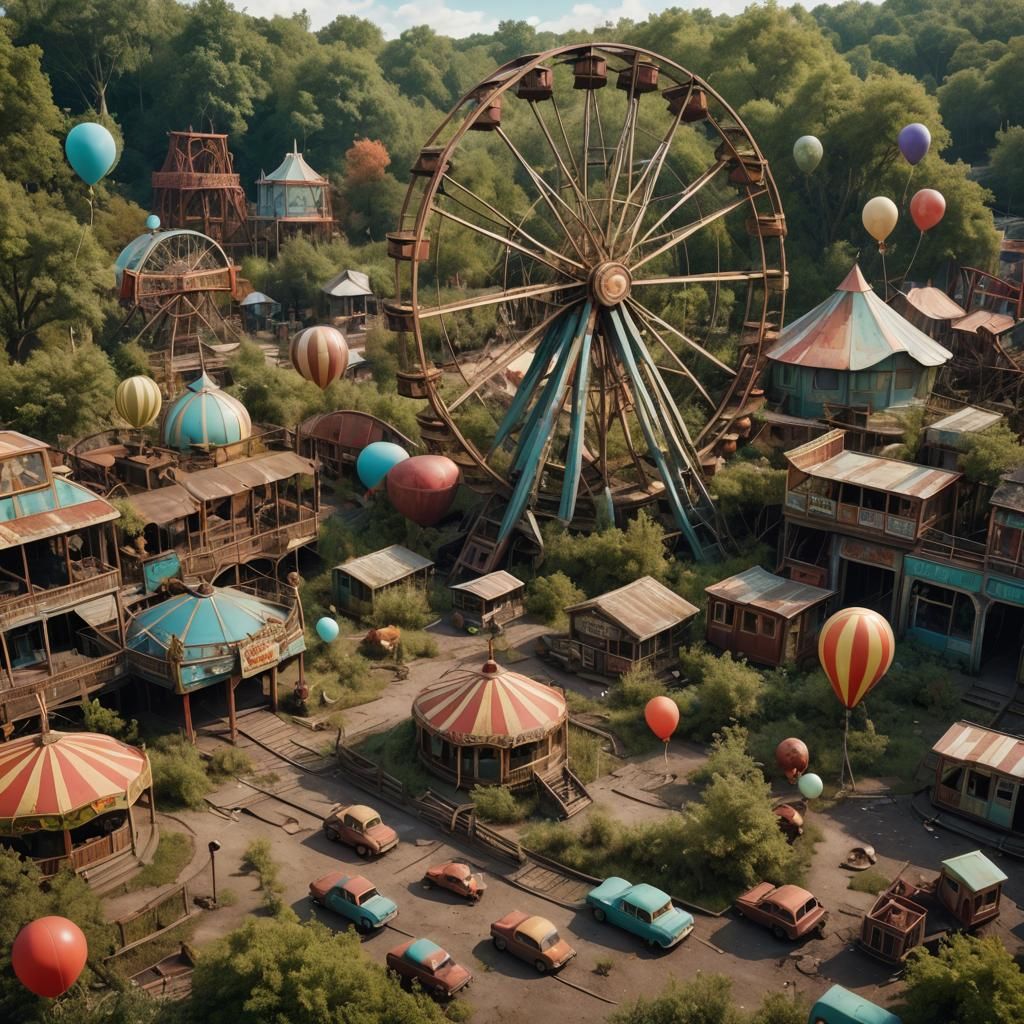 Ominous Abandoned Amusement Park at Golden Hour