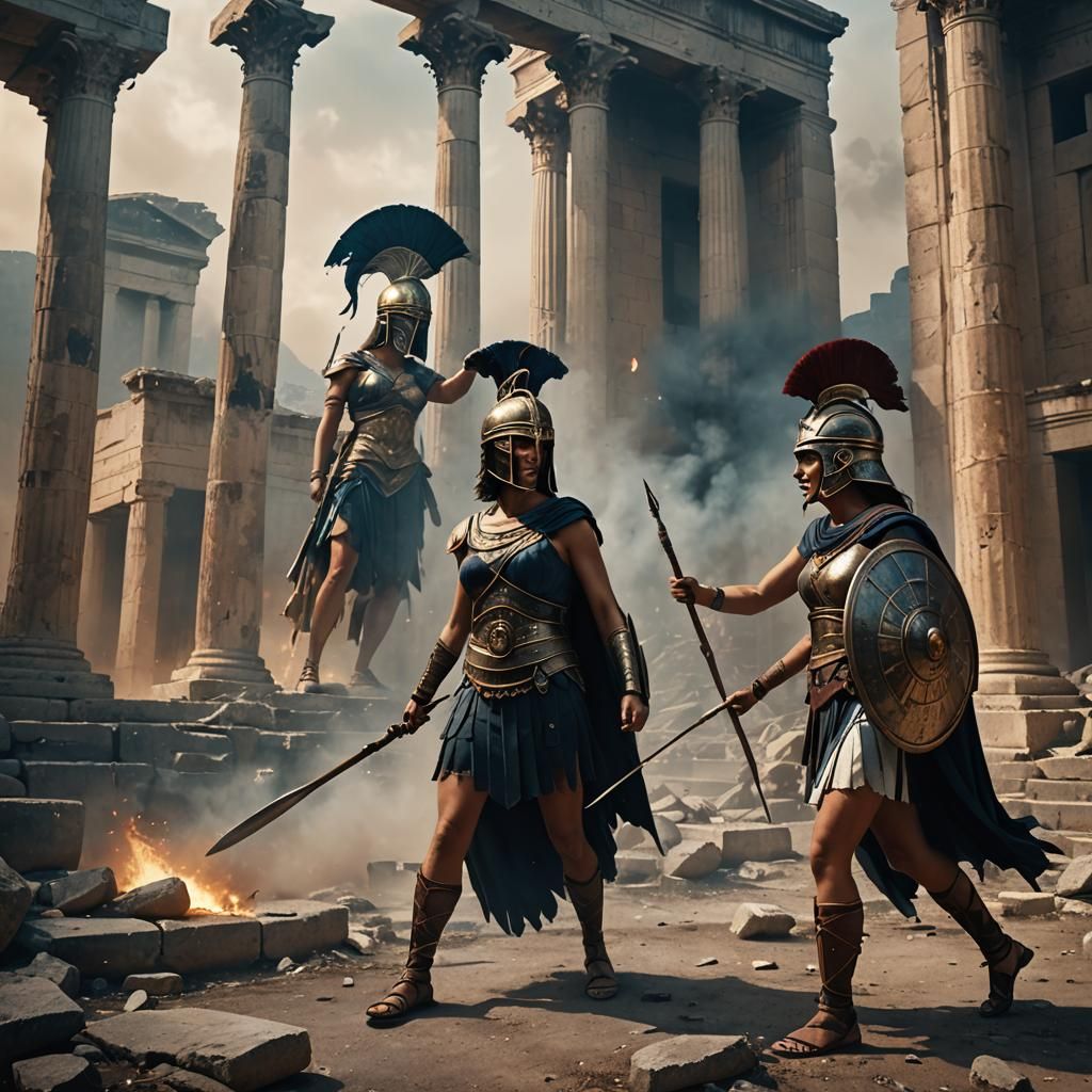 Greek Warrior Confronts Woman in Ruined Temple