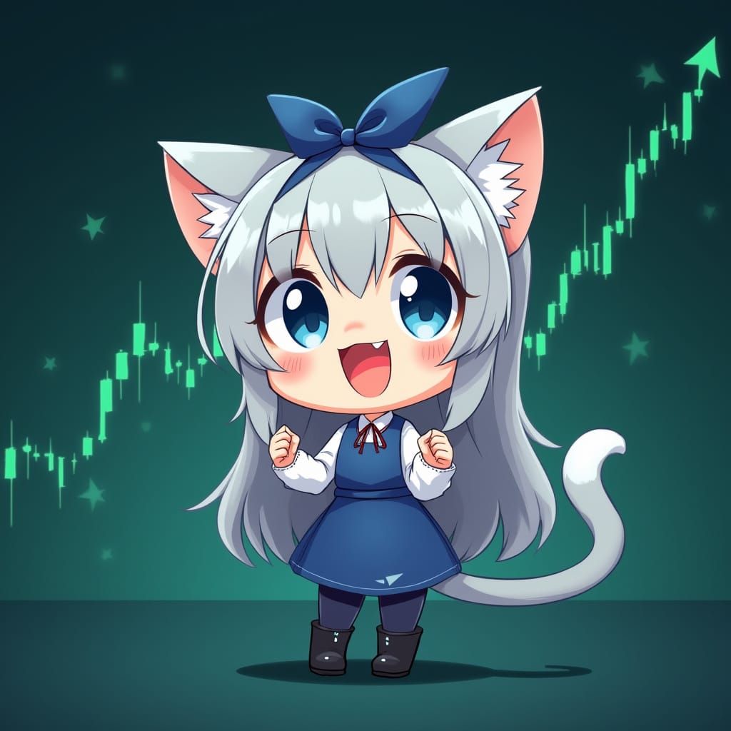 Chibi Catgirl Celebrates Stock Market Success in Cartoon Sty...
