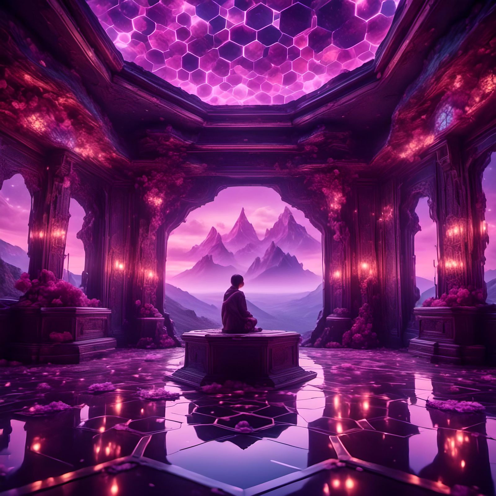 Futuristic Purple Lit Room with Hexagon Design