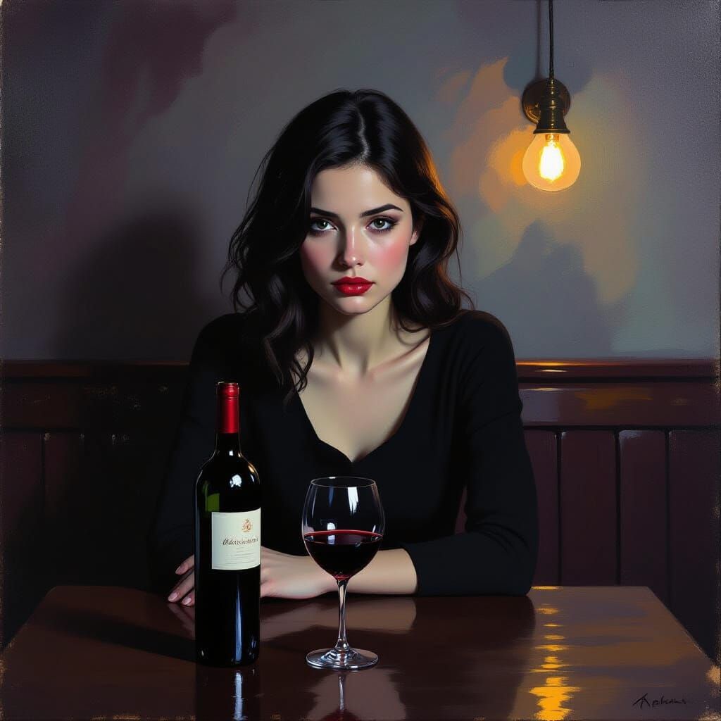 Melancholic Woman With Wine in Dimly Lit Oil Painting