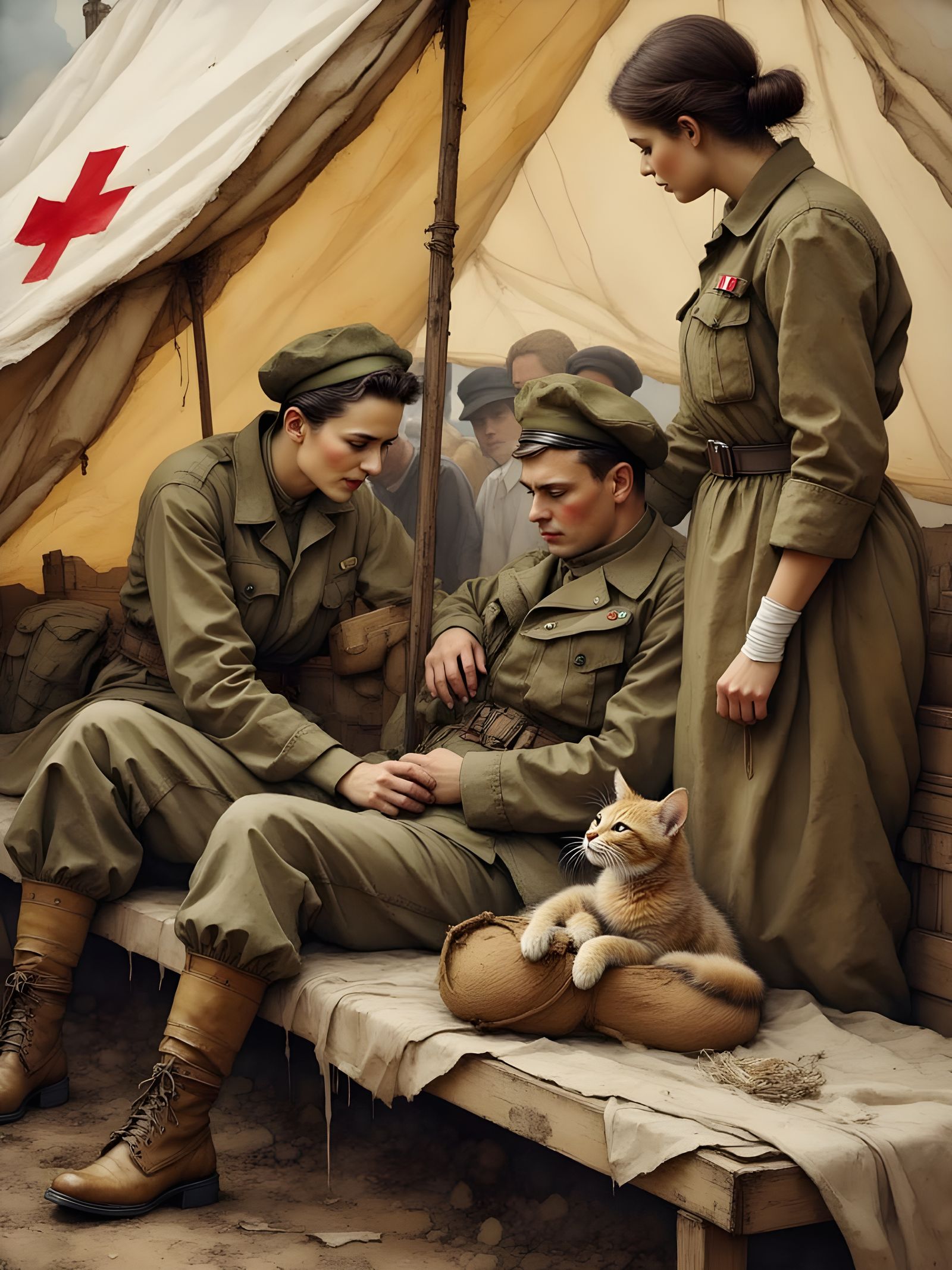 WWII Soldier Comforted by Cat in Medical Tent