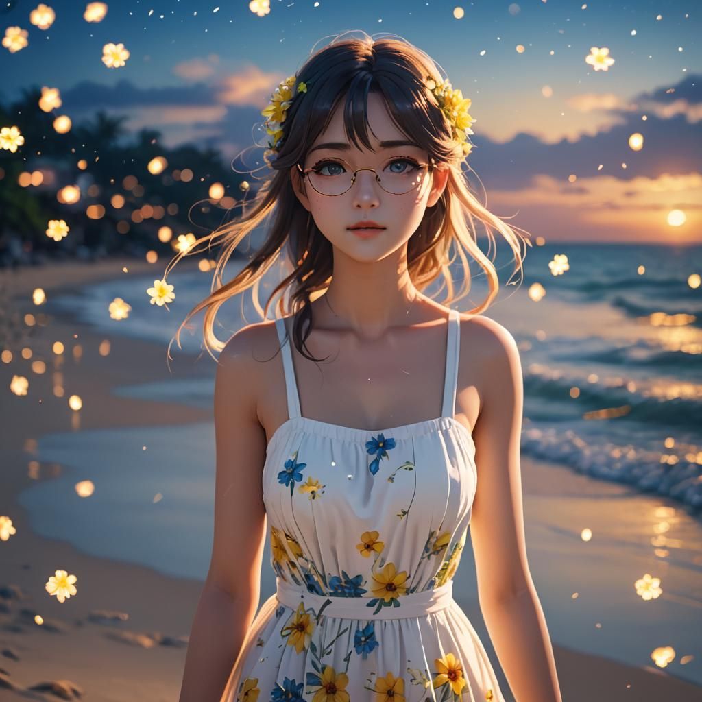 Anime Portrait of Girl on Night Beach