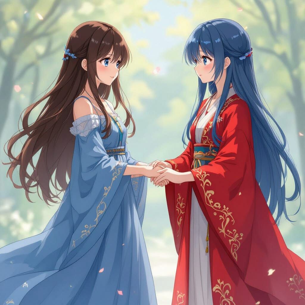 Anime Girls Holding Hands in Shinkai-Miyazaki Style