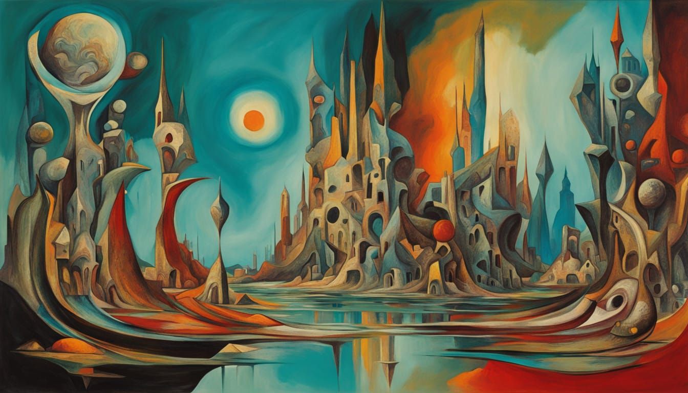 Surrealist Dreamscapes with Elongated Beings in Vibrant Hues