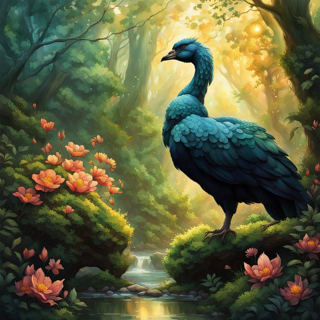 Mythical Dodo Bird in Vibrant Bioluminescent Forest