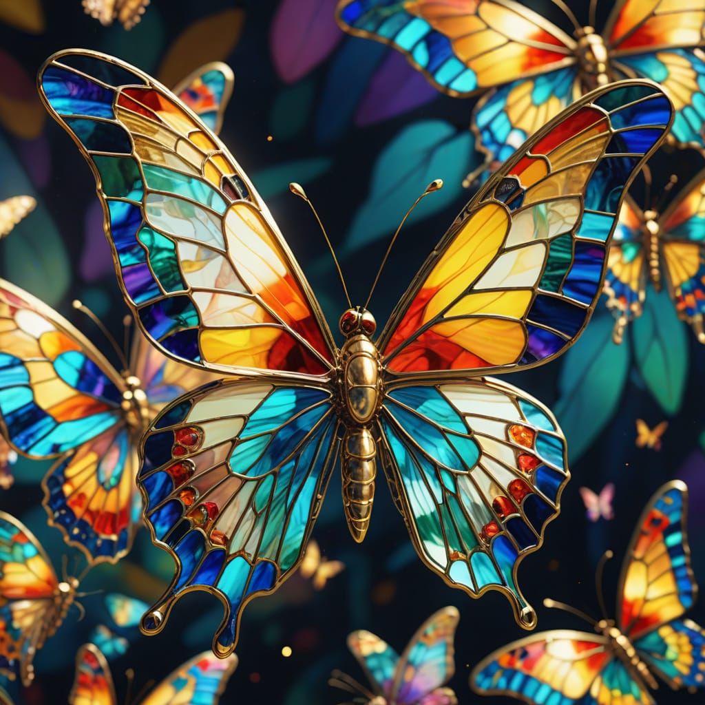 Stained Glass Butterfly in Flight, Surreal Digital Art