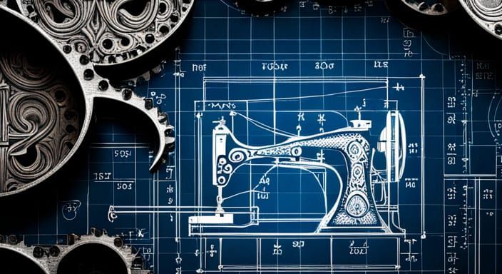 Victorian Sewing Machine Blueprint in William Morris Style