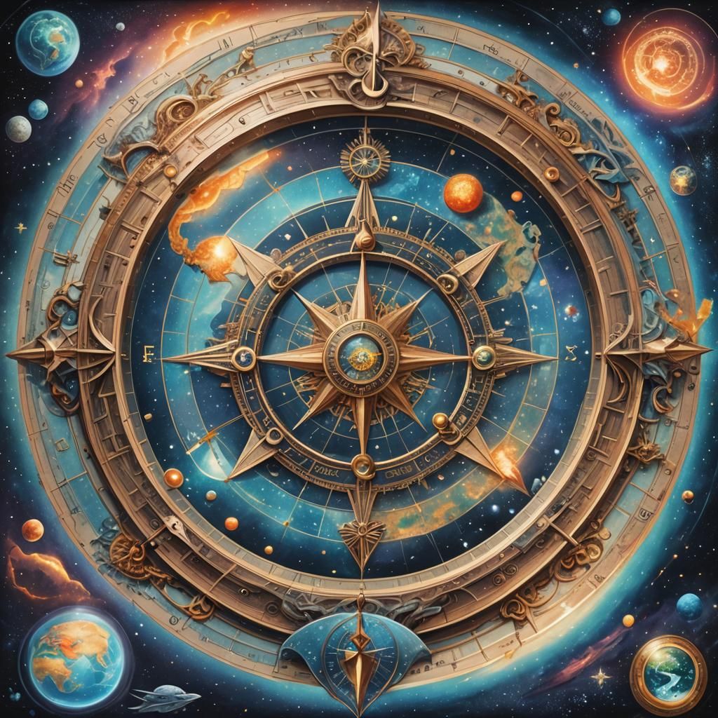 Flat Earth on Compass in Cosmic Illustration