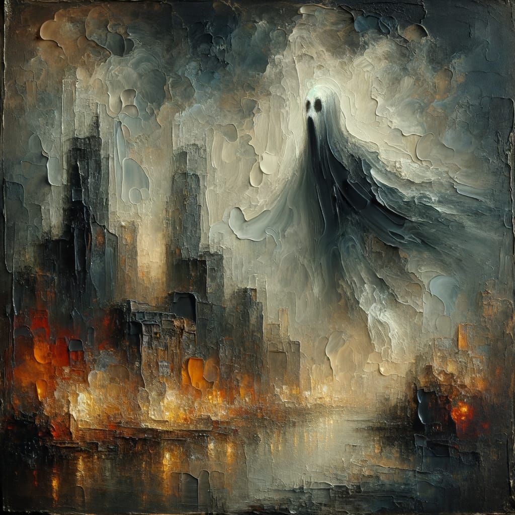 Spectral Figure Over Urban Landscape in Expressionist Impast...