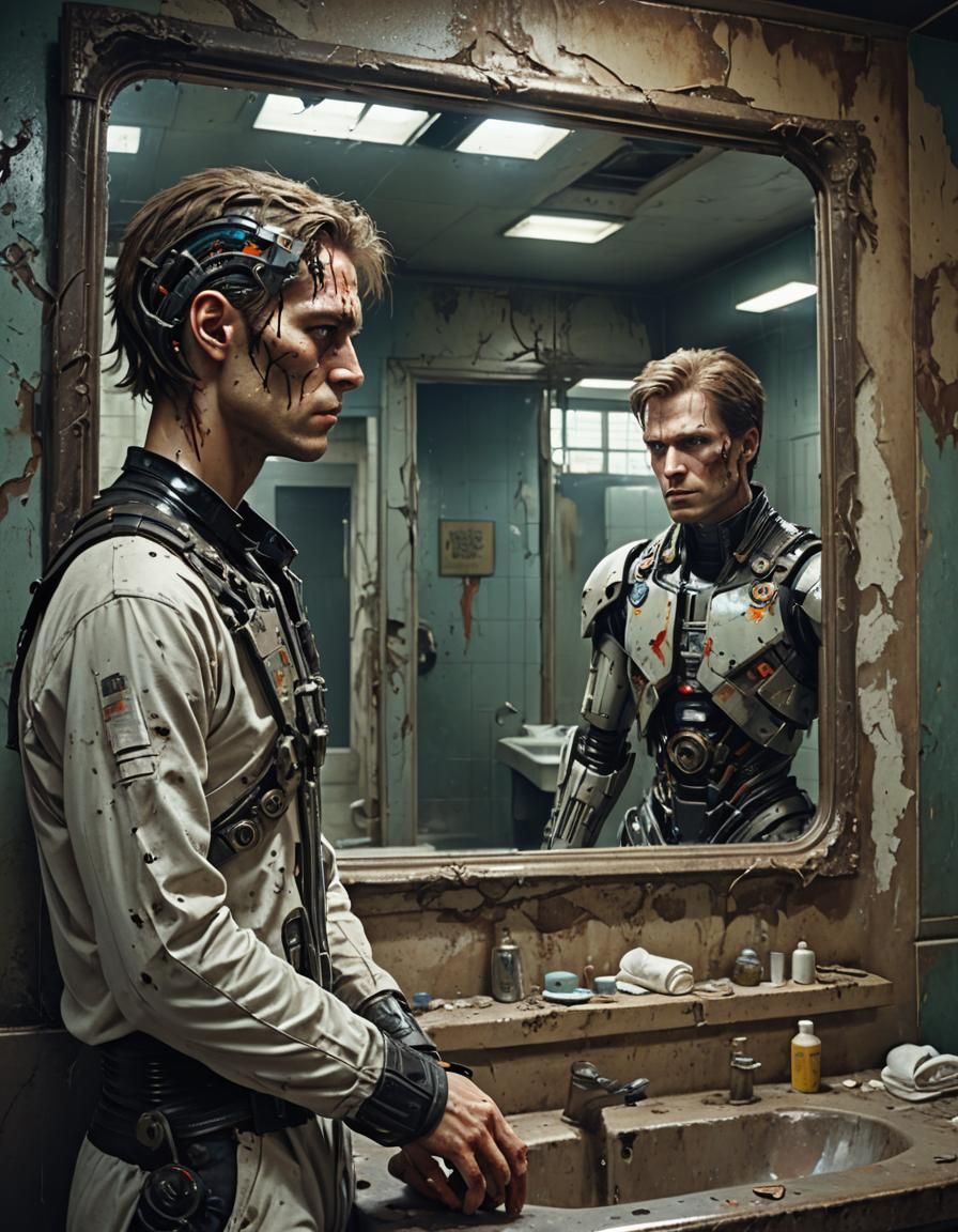 Cyborg Reflection in a Retro 80s Style