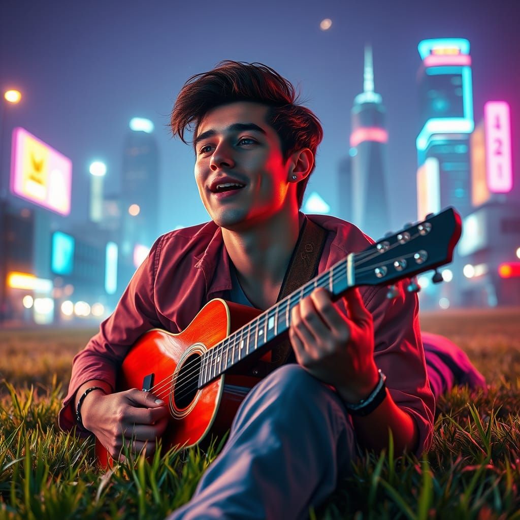 , A handsome young man lying on a beautiful lawn with a guitar in his hand playing a song and singing a song with a fant...