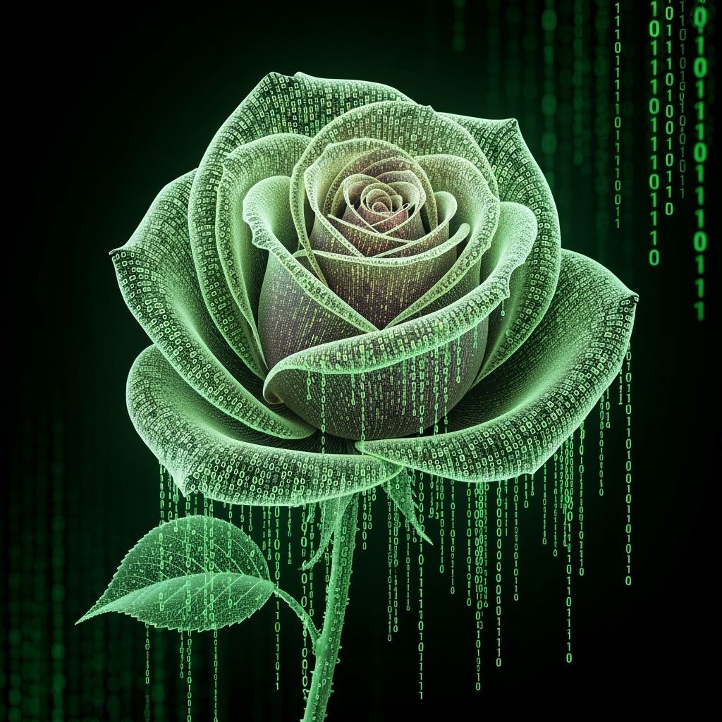 Elegant Rose Sculpture Made of Glowing Binary Code