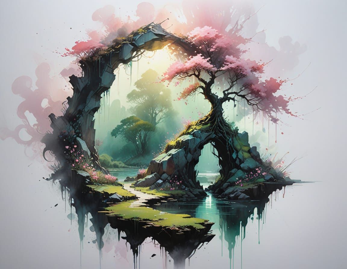 Monolithic Obsidian Arch in Misty Marsh with Glowing Tree