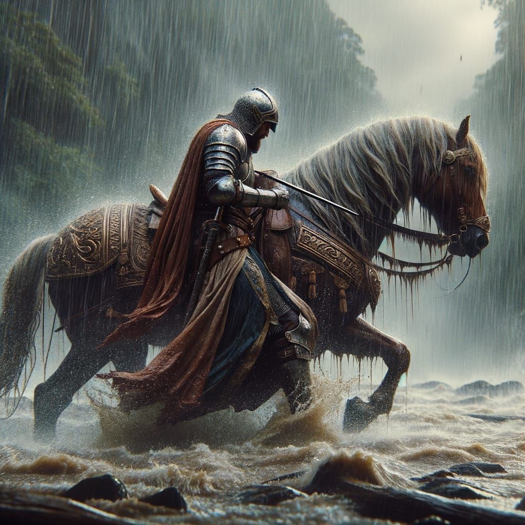 Walking through a swollen stream on his way back home with h...