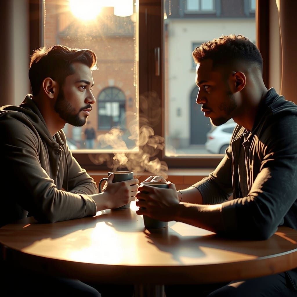 Intimate Gay Lovers Share a Tender Moment in a Cozy Coffee S...