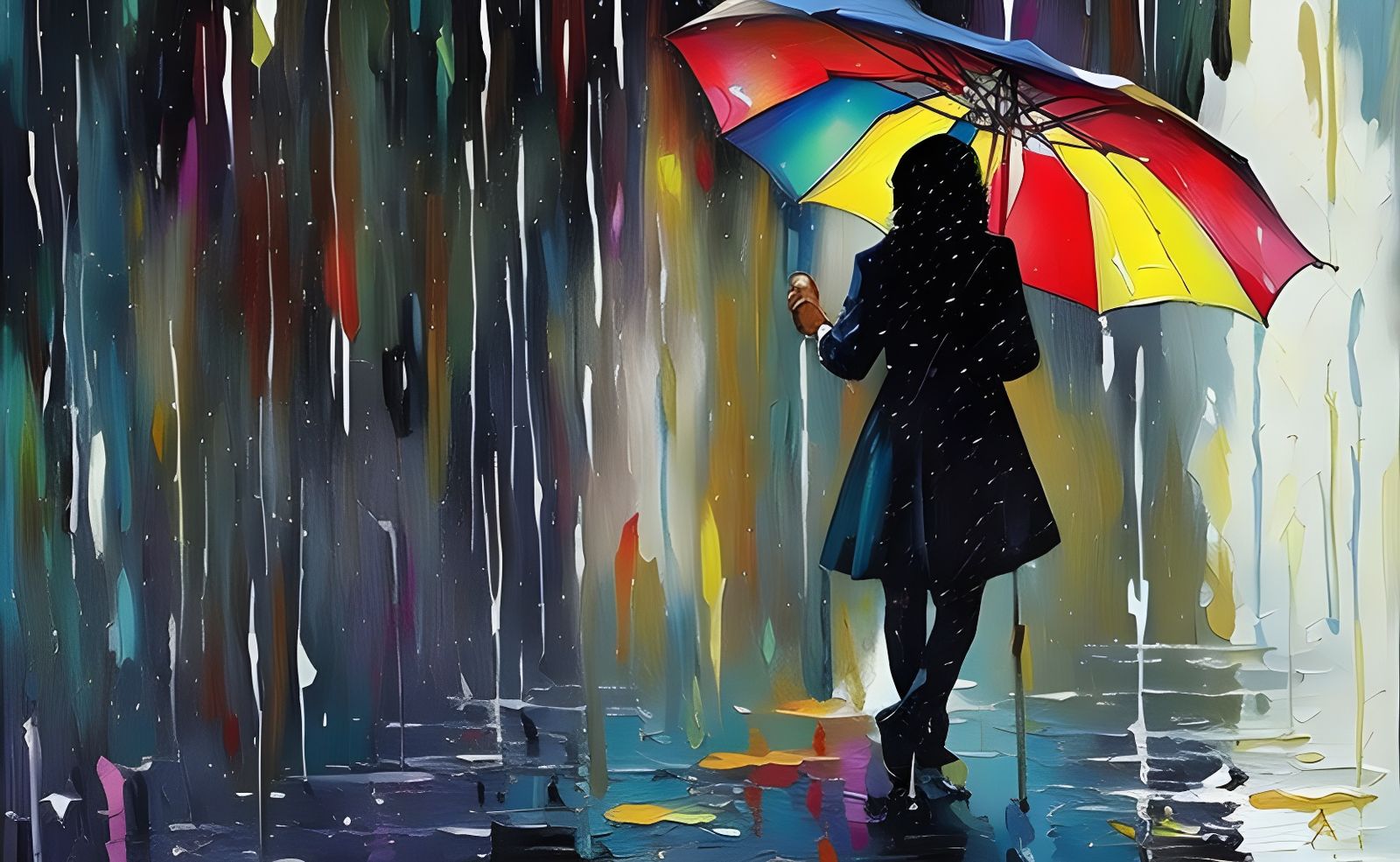 Rainbow Rain with Figure and Yellow Umbrella