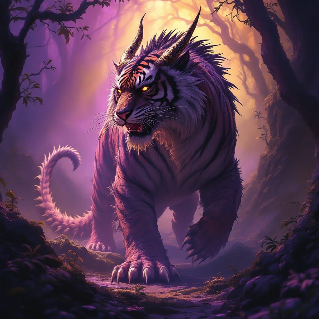 Dark Fantasy Dragon-Tiger Hybrid in Mystic Forest