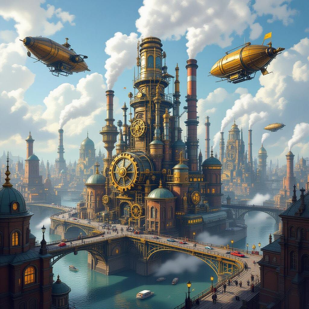 Epic Steampunk Cityscape with Vertical Towers and Sky Whales