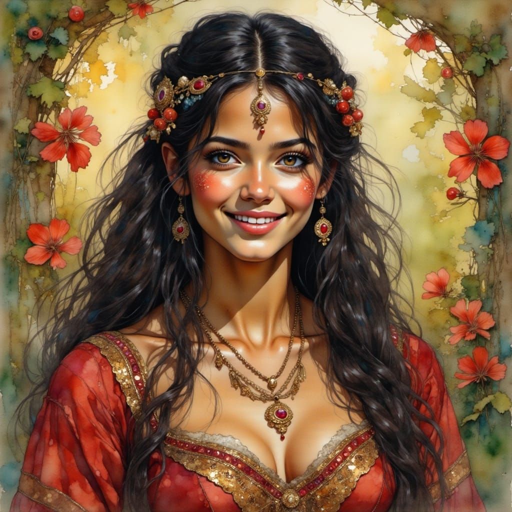 Medieval Woman in Garden, Art Nouveau Style