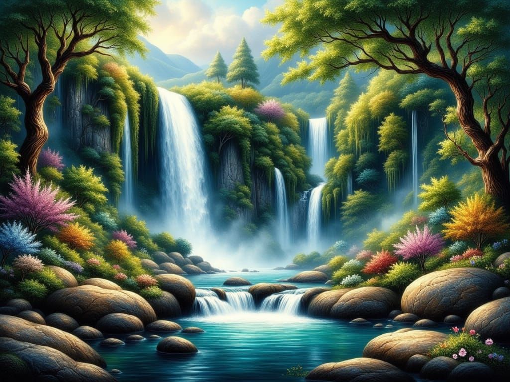 Paradise Waterfall Landscape in Oil Painting Style