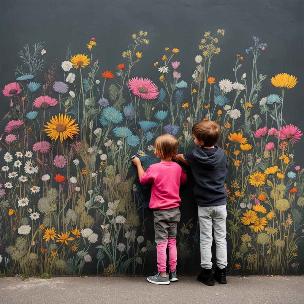 Children Create Whimsical Wildflower Meadow on Concrete Wall...