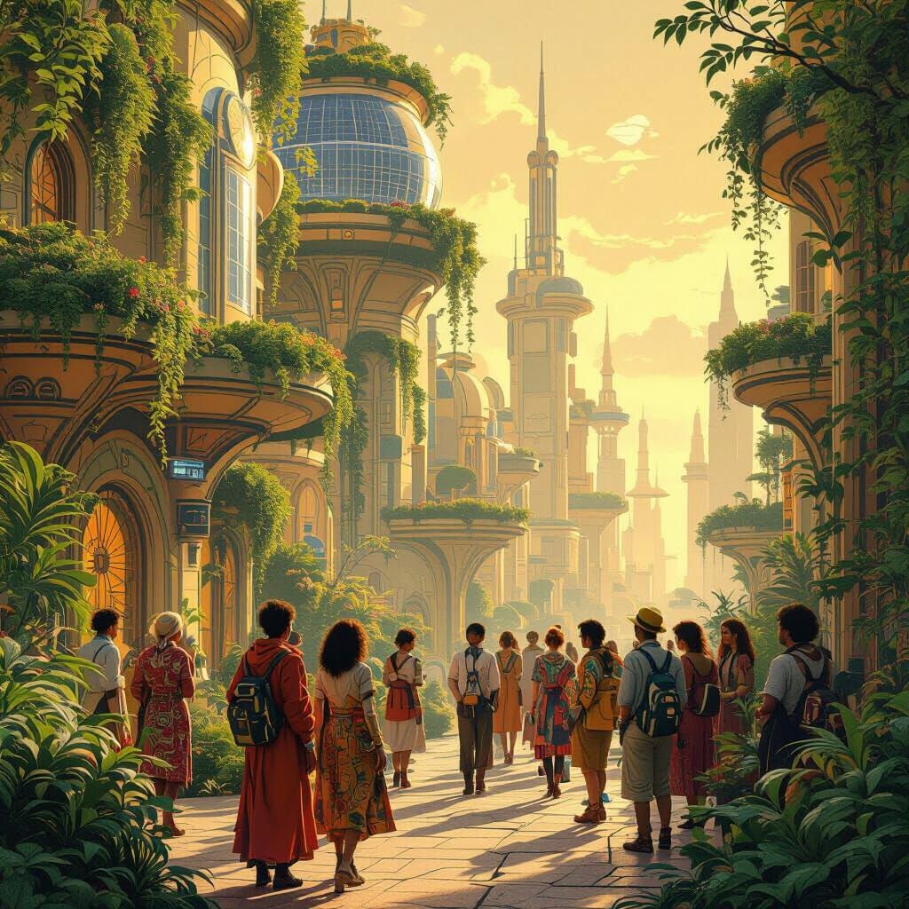 Harmonious Solarpunk Cityscape in Art Nouveau Style