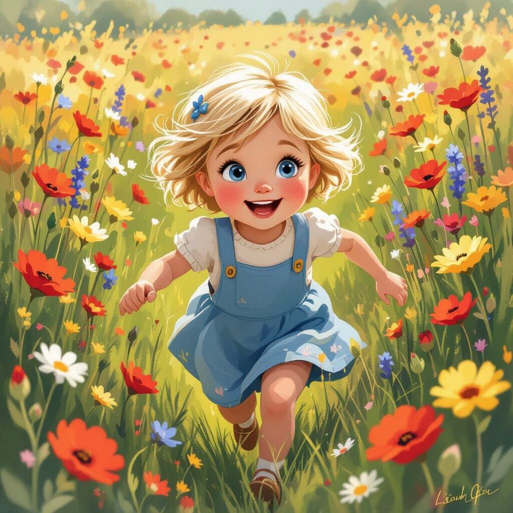 Girl Running in Flower Field in Cartoon Style