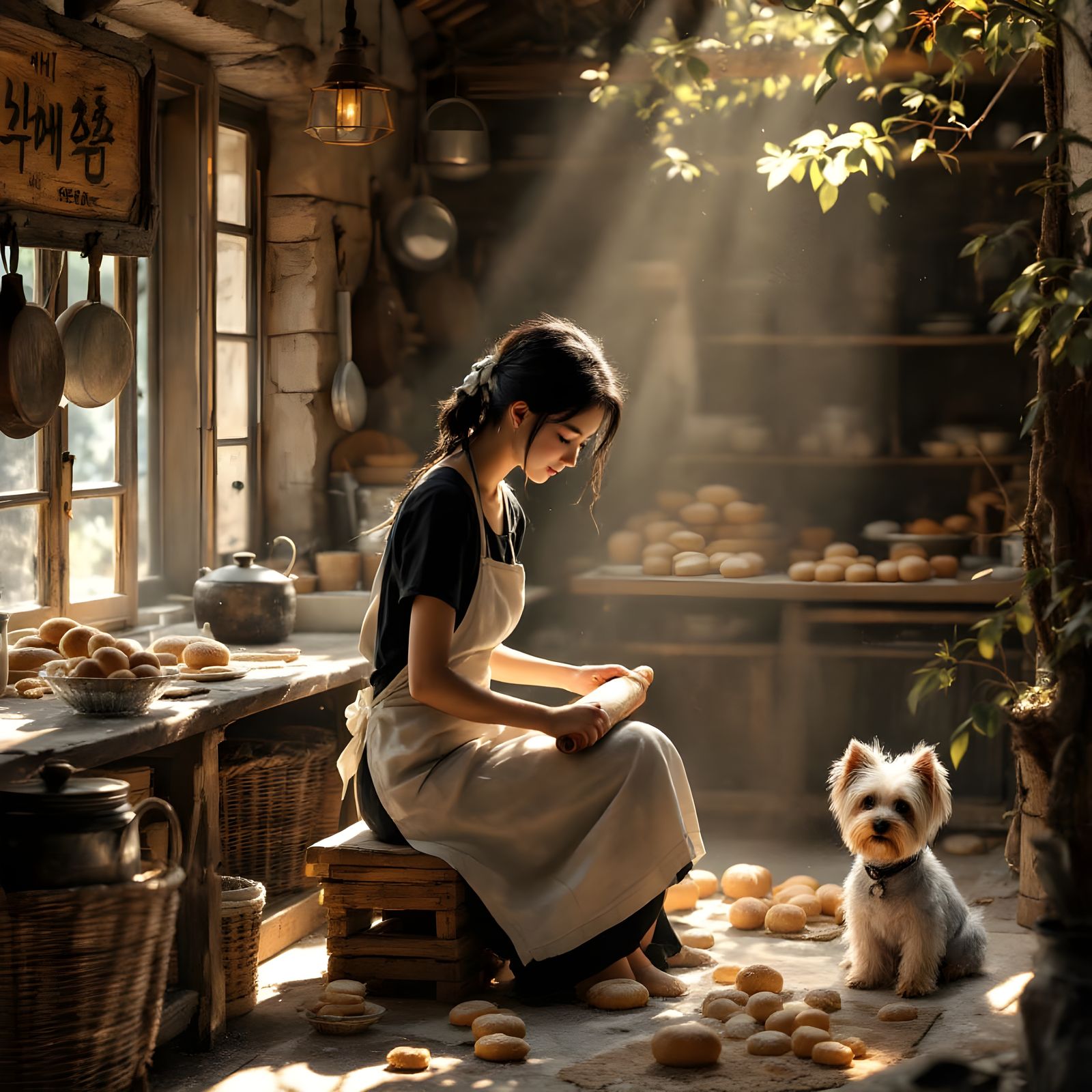 Rustic Bakery Scene with Thai Woman