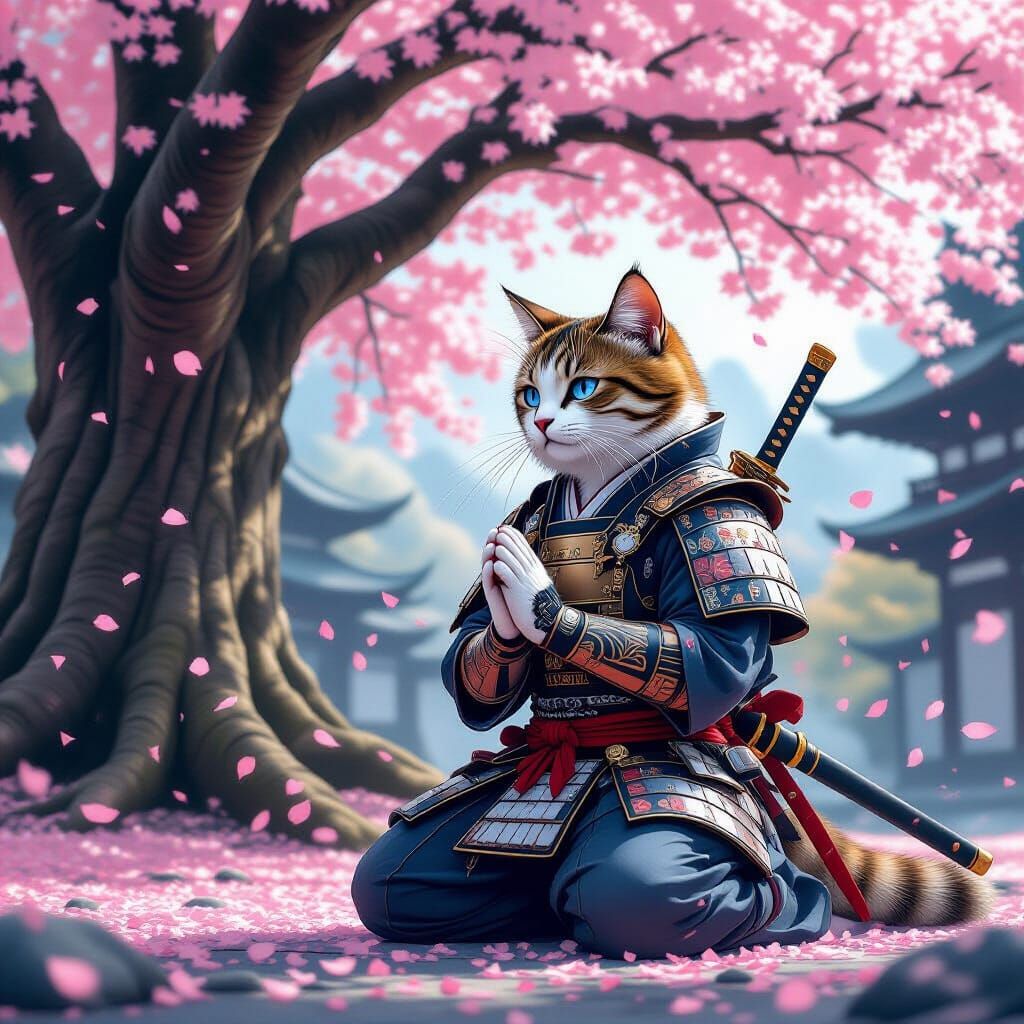 Samurai Cat Praying Under Cherry Tree
