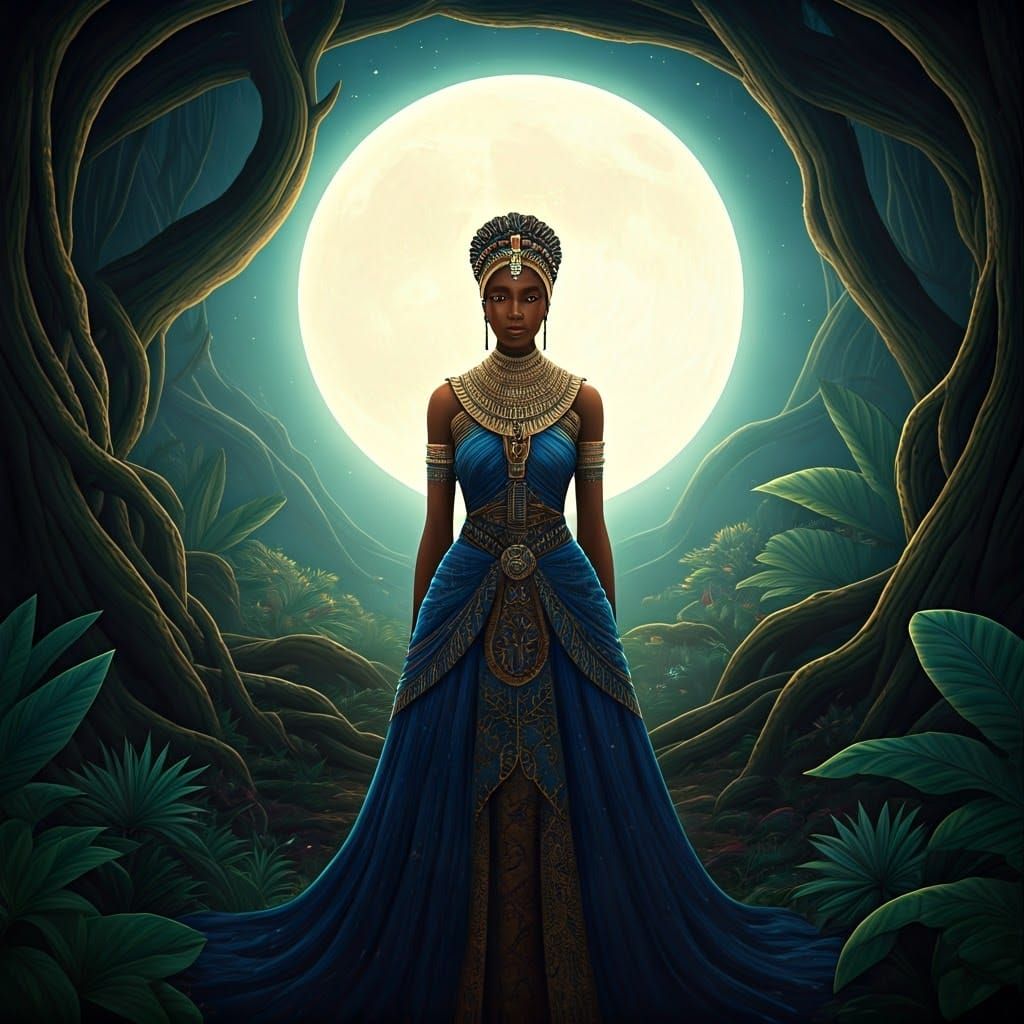African Princess in Enchanted Jungle Under Full Moon