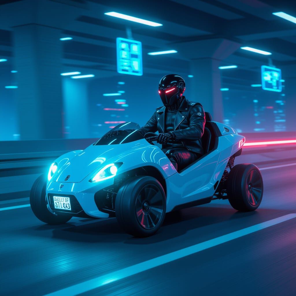 Cyberpunk Robot Invacar Speeding on Motorway