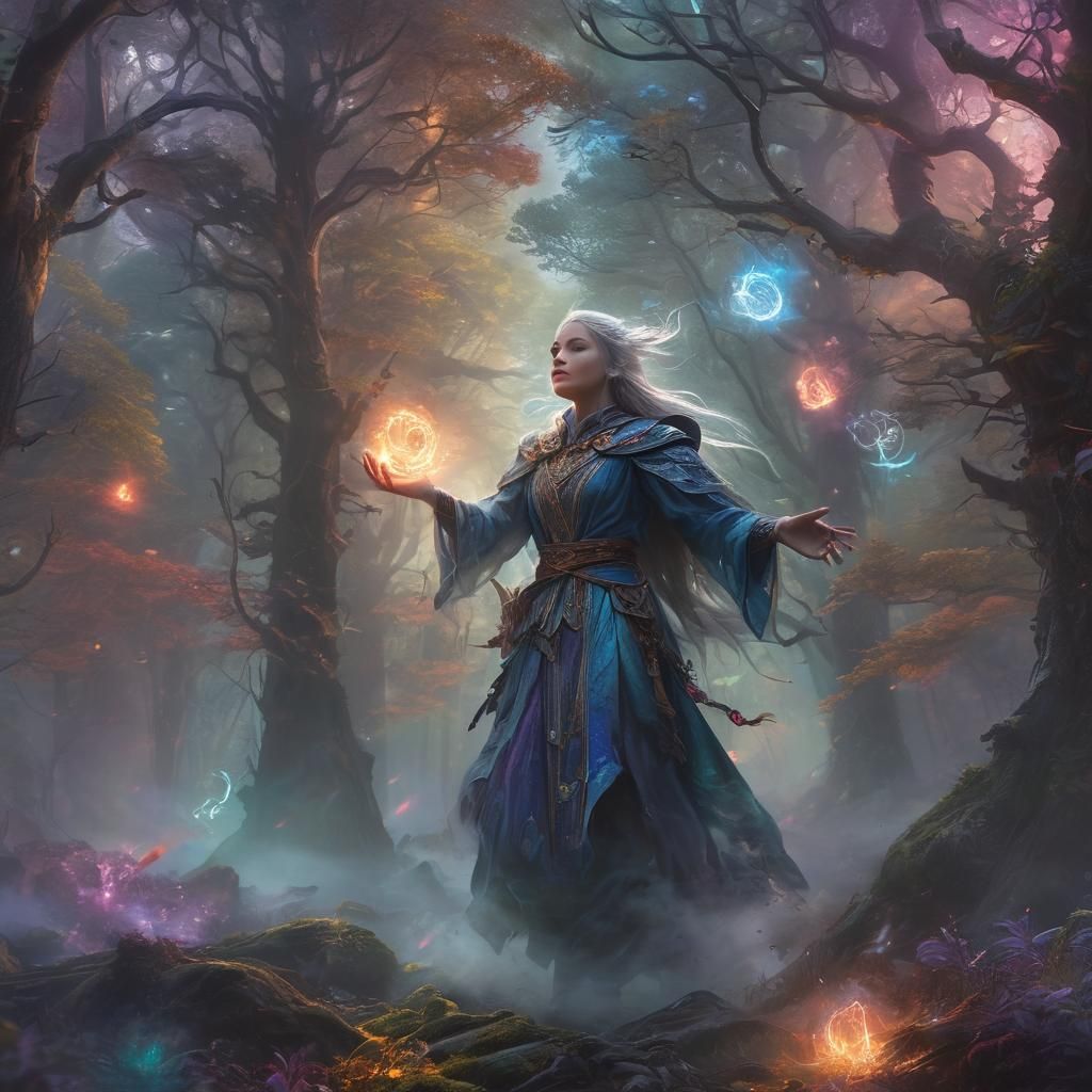 Spellcaster Summons Air Elementals in Ethereal Oil Painting