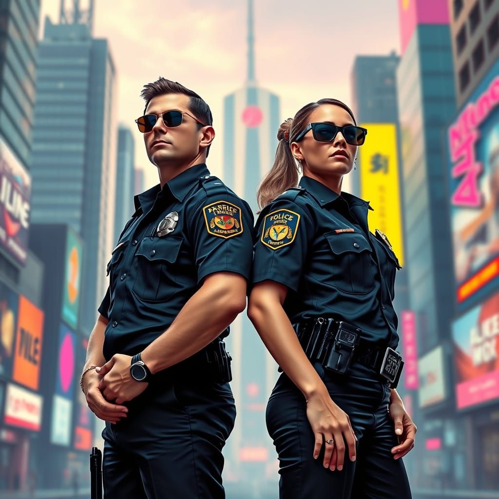 Futuristic Police Officers Stand Guard in Neon City