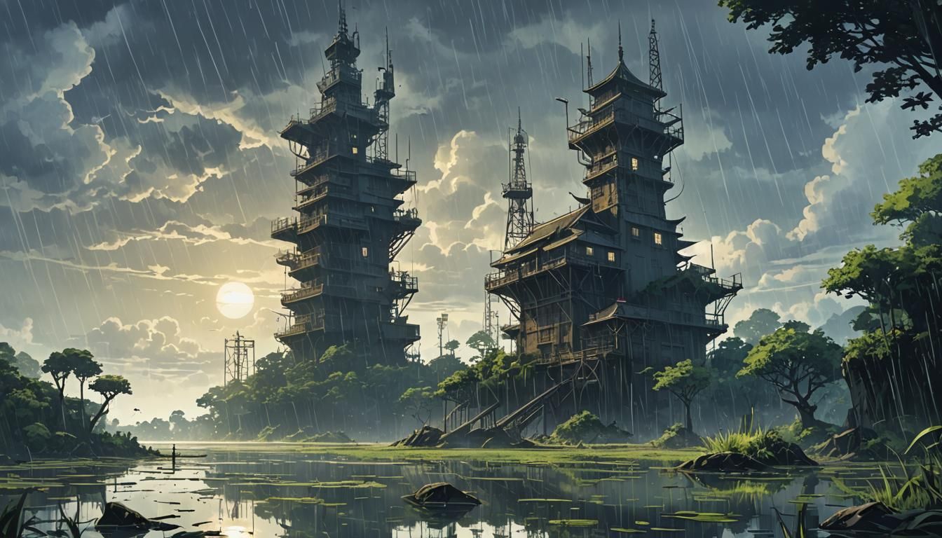 Surreal Anime Beach Scene with Air Tower