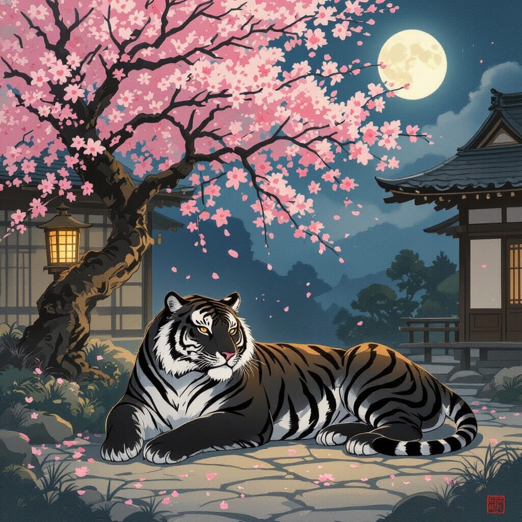 Giant Black Tiger Under Cherry Tree, Japanese Art